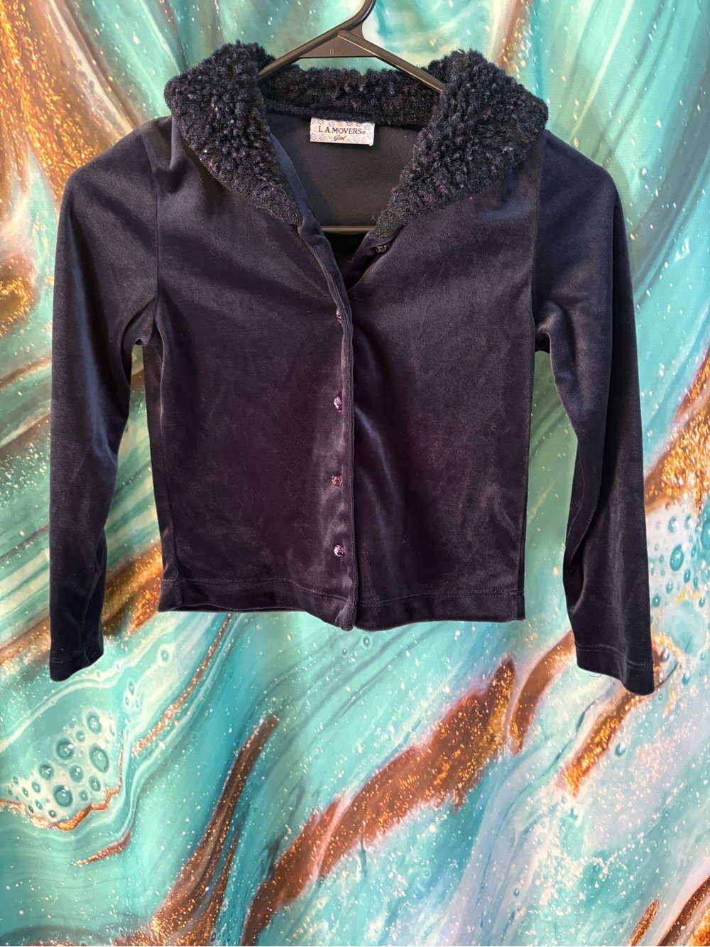 LA Movers Girls Navy Velvet Button-Down Top with Sherpa Collar
